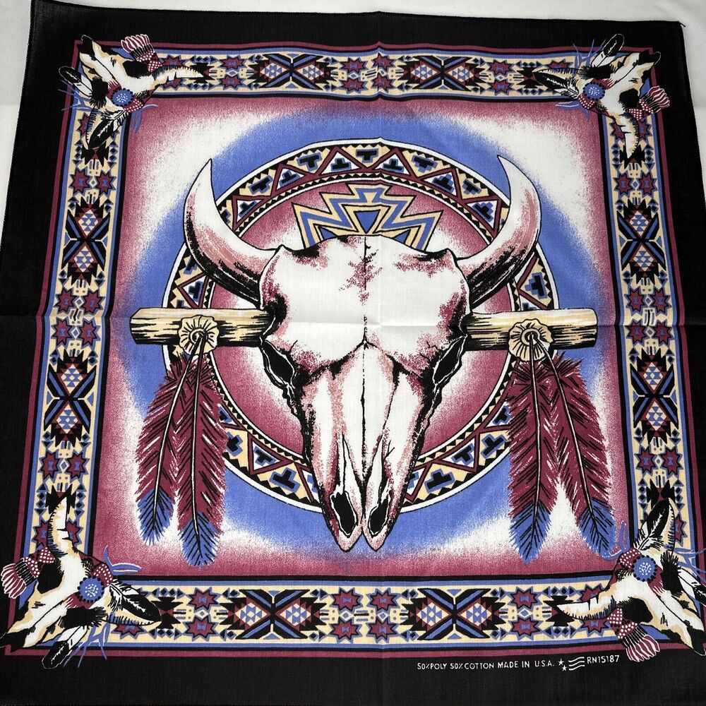 Vintage‎ Carolina Manufacturing Co Southwest Native Skull Feathers Bandana NOS